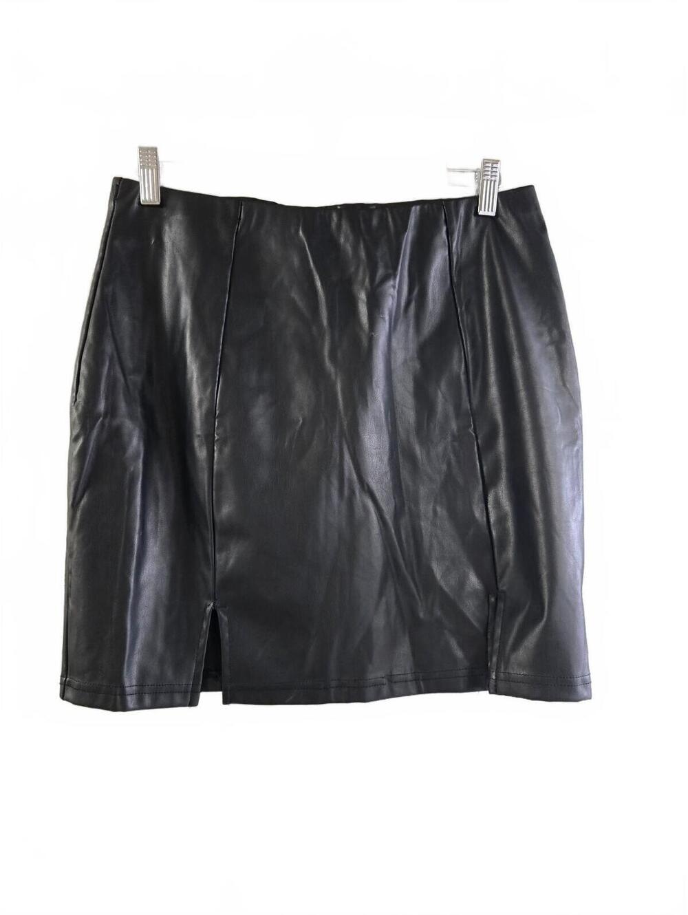 Just Quella Black Faux Leather Mini Skirt with Front Slit Size XL